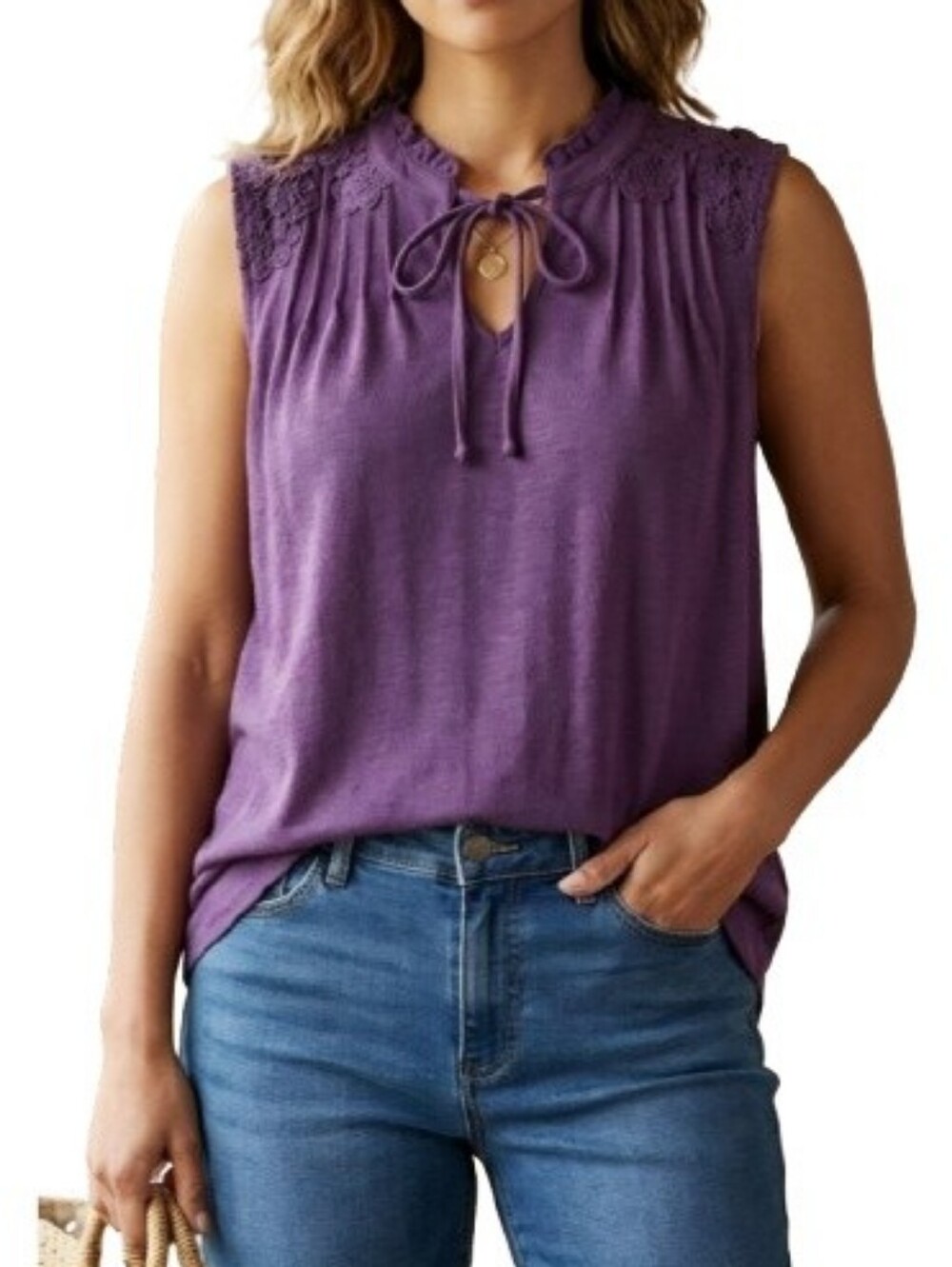 Time & Tru Purple Blouse Floral Applique Print Tie Neck Pleats